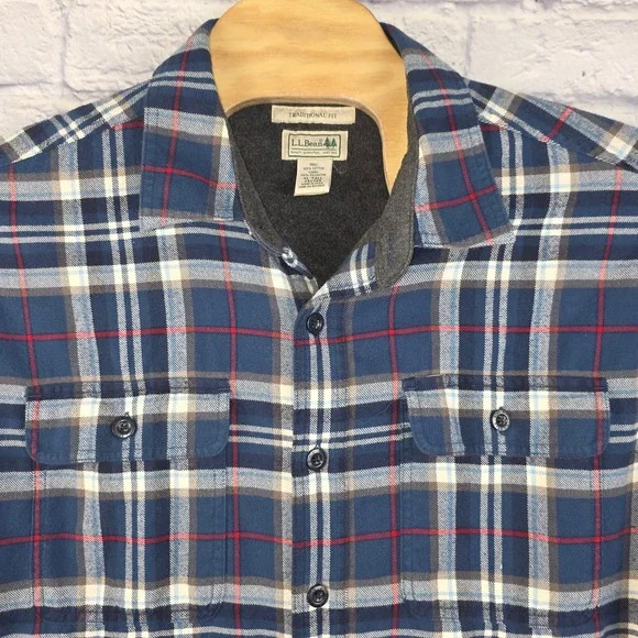 LL Bean Men Blue Plaid Button Fleece Lined Flannel Shirt Jacket Size XLT TALL - Picture 1 of 6